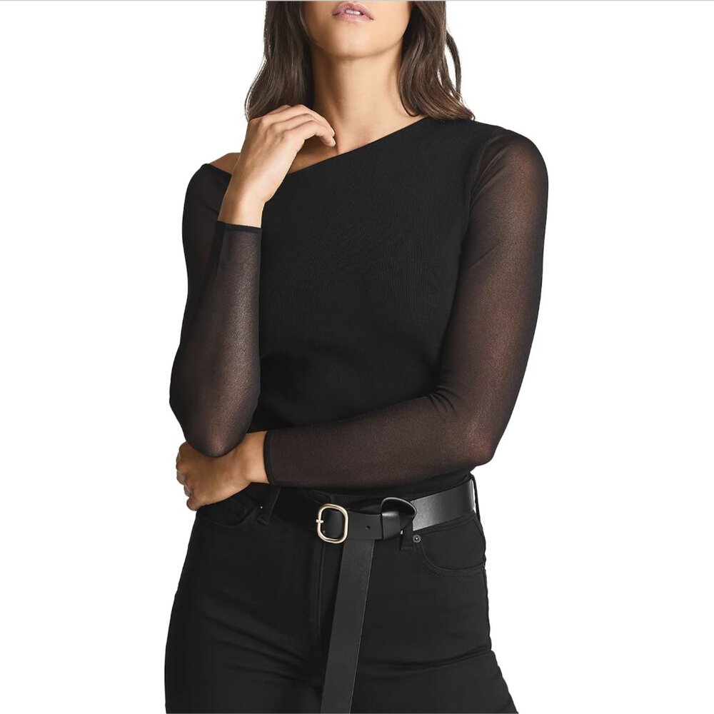 REISS | Willow Plunge Sheer Black Mesh Sleeve Top | Size Medium
